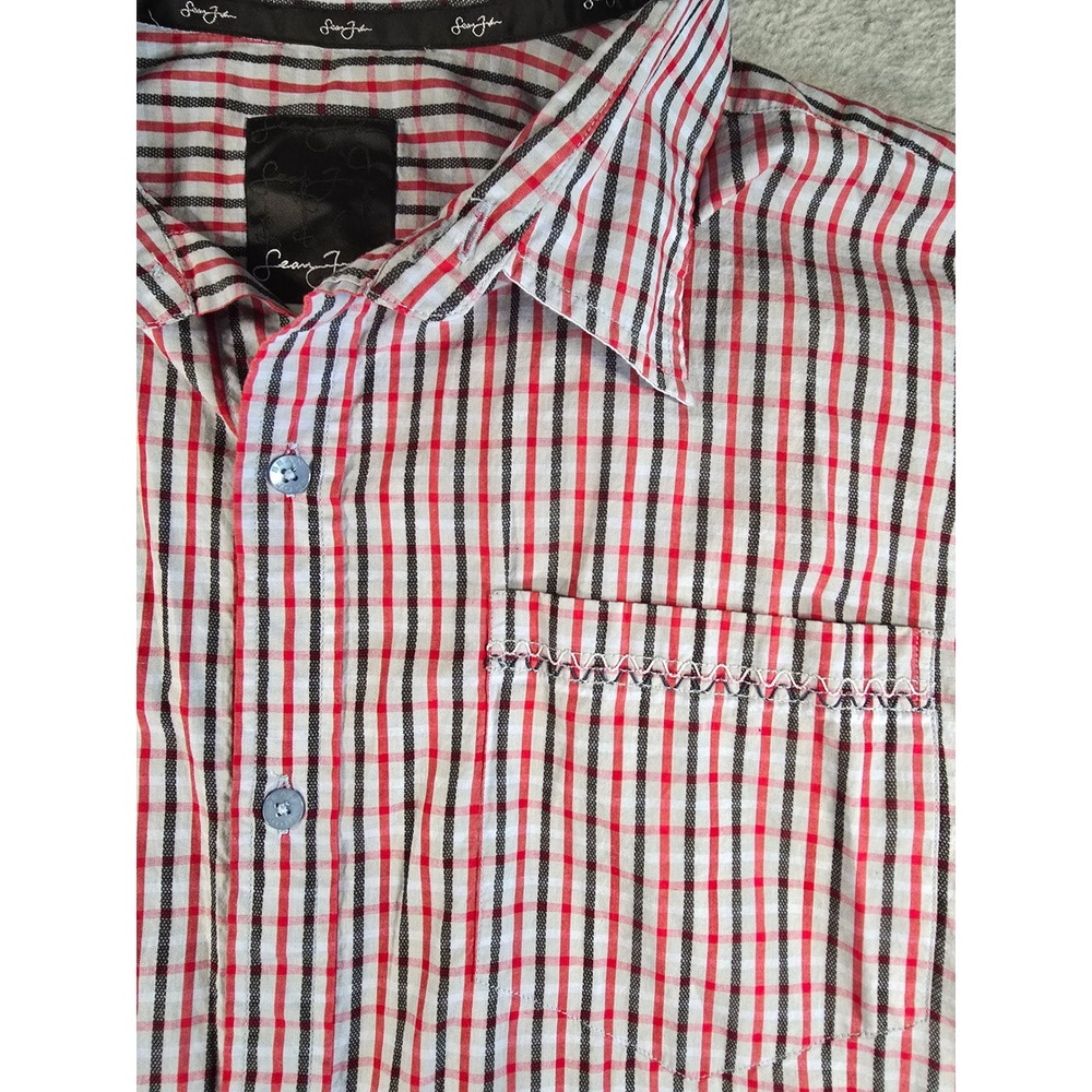 Sean John Mens 3XL Red Black Plaid Short Sleeve Button Down Shirt 100% Cotton